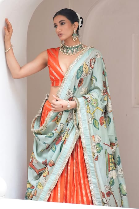 Buy Aamra By Lavanya Orange , Chanderi Embroidery Round Neck Designer Lehenga Set Online at Aza Fashions Buy_Aamra By Lavanya_Orange , Chanderi Embroidery Round Neck Designer Lehenga Set _Online_at_Aza_Fashions