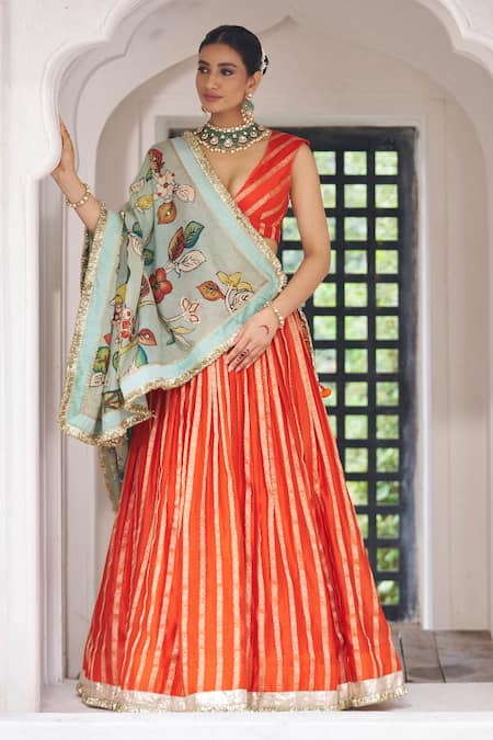 Shop Aamra By Lavanya Orange , Chanderi Embroidery Round Neck Designer Lehenga Set Online at Aza Fashions Shop_Aamra By Lavanya_Orange , Chanderi Embroidery Round Neck Designer Lehenga Set _Online_at_Aza_Fashions