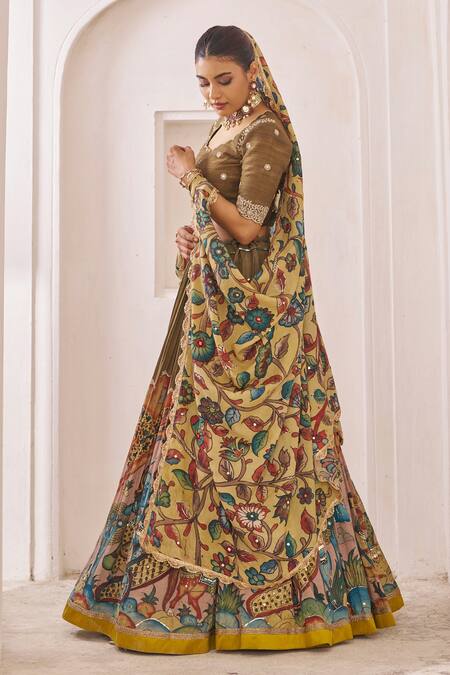 Aamra By Lavanya_Olive Green Silk Embroidery, Sequins Round Neck Olive-brown Hand Lehenga Set _Online_at_Aza_Fashions