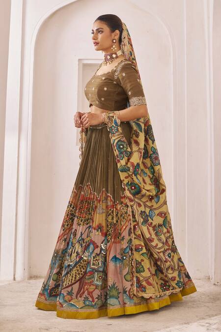 Buy_Aamra By Lavanya_Olive Green Silk Embroidery, Sequins Round Neck Olive-brown Hand Lehenga Set _Online_at_Aza_Fashions