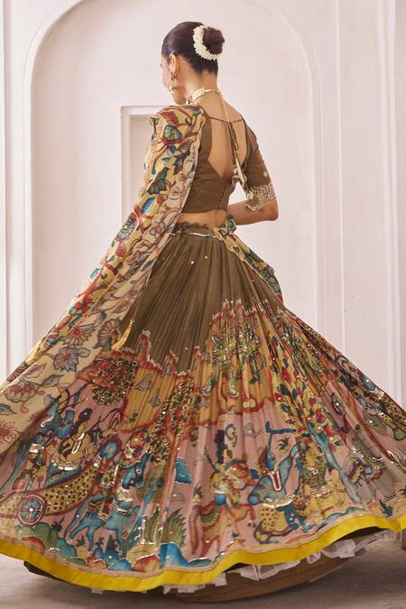 Aamra By Lavanya_Olive Green Silk Embroidery, Sequins Round Neck Olive-brown Hand Lehenga Set _at_Aza_Fashions