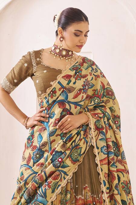 Buy_Aamra By Lavanya_Olive Green Silk Embroidery, Sequins Round Neck Olive-brown Hand Lehenga Set 