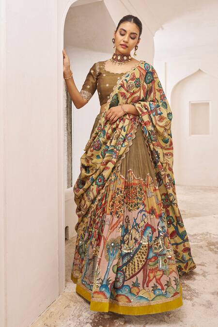 Shop_Aamra By Lavanya_Olive Green Silk Embroidery, Sequins Round Neck Olive-brown Hand Lehenga Set 