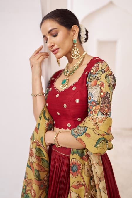 Aamra By Lavanya_Maroon Silk Beads, Embroidery Round Neck Hand Lehenga Set _Online_at_Aza_Fashions