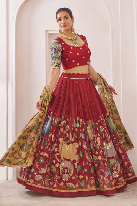 Buy_Aamra By Lavanya_Maroon Silk Beads, Embroidery Round Neck Hand Lehenga Set _Online_at_Aza_Fashions