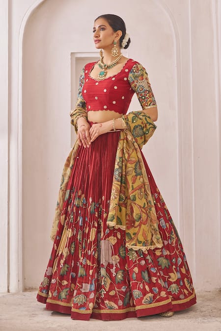 Shop_Aamra By Lavanya_Maroon Silk Beads, Embroidery Round Neck Hand Lehenga Set _Online_at_Aza_Fashions