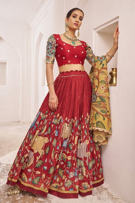 Aamra By Lavanya_Maroon Silk Beads, Embroidery Round Neck Hand Lehenga Set _at_Aza_Fashions