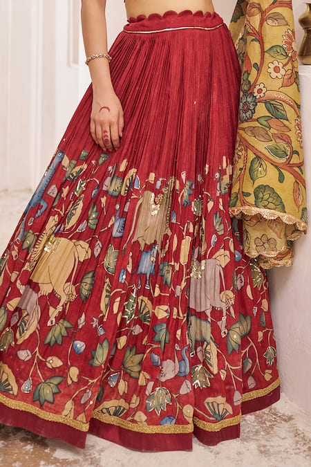 Buy_Aamra By Lavanya_Maroon Silk Beads, Embroidery Round Neck Hand Lehenga Set 