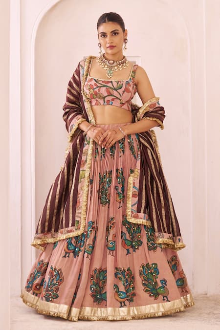 Aamra By Lavanya Pink , Chanderi Embroidery, Zari Round Neck Sandrose Hand Lehenga Set