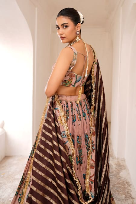 Aamra By Lavanya_Pink , Chanderi Embroidery, Zari Round Neck Sandrose Hand Lehenga Set _Online_at_Aza_Fashions