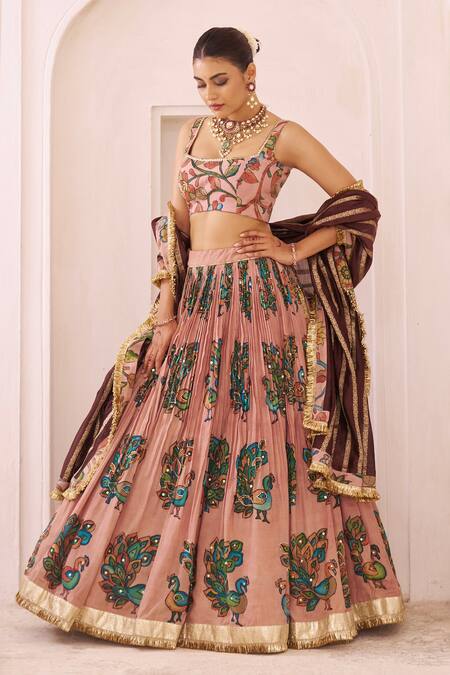 Buy_Aamra By Lavanya_Pink , Chanderi Embroidery, Zari Round Neck Sandrose Hand Lehenga Set _Online_at_Aza_Fashions