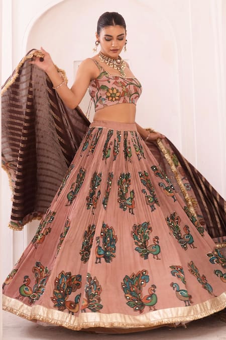 Shop_Aamra By Lavanya_Pink , Chanderi Embroidery, Zari Round Neck Sandrose Hand Lehenga Set _Online_at_Aza_Fashions
