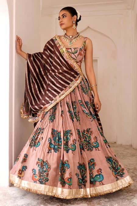 Aamra By Lavanya_Pink , Chanderi Embroidery, Zari Round Neck Sandrose Hand Lehenga Set _at_Aza_Fashions