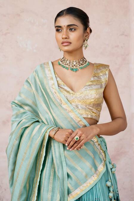 Aamra By Lavanya_Blue Silk, Chanderi Embroidery Round Neck Ice-blue Hand Lehenga Set _Online_at_Aza_Fashions