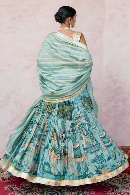 Aamra By Lavanya Ice-Blue Hand Embroidered Lehenga Set 