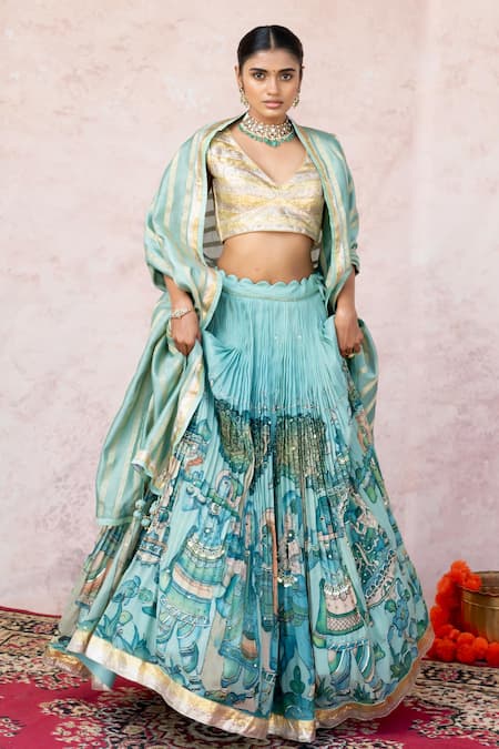 Buy_Aamra By Lavanya_Blue Silk, Chanderi Embroidery Round Neck Ice-blue Hand Lehenga Set _Online_at_Aza_Fashions