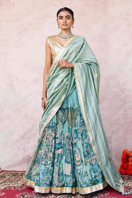 Shop_Aamra By Lavanya_Blue Silk, Chanderi Embroidery Round Neck Ice-blue Hand Lehenga Set _Online_at_Aza_Fashions