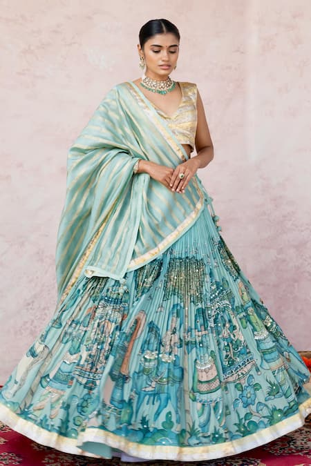 Aamra By Lavanya_Blue Silk, Chanderi Embroidery Round Neck Ice-blue Hand Lehenga Set _at_Aza_Fashions