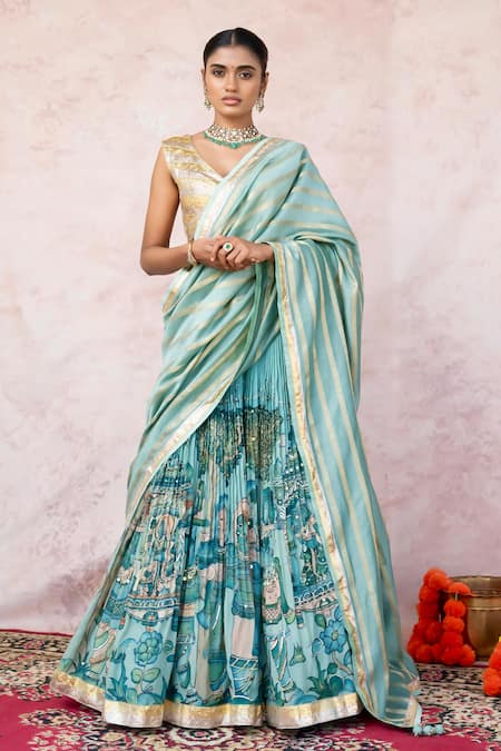 Buy_Aamra By Lavanya_Blue Silk, Chanderi Embroidery Round Neck Ice-blue Hand Lehenga Set 