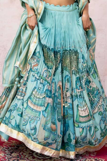 Shop_Aamra By Lavanya_Blue Silk, Chanderi Embroidery Round Neck Ice-blue Hand Lehenga Set 