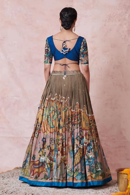 Shop_Aamra By Lavanya_Olive Green Silk Embroidery Round Neck Olive-green Hand Lehenga Set _Online_at_Aza_Fashions