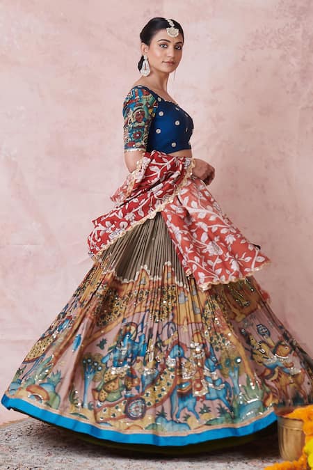 Buy_Aamra By Lavanya_Olive Green Silk Embroidery Round Neck Olive-green Hand Lehenga Set 