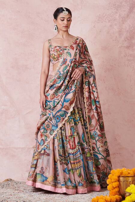 Aamra By Lavanya_Pink Silk Embroidery Round Neck Sandrose-pink Hand Lehenga Set _Online_at_Aza_Fashions