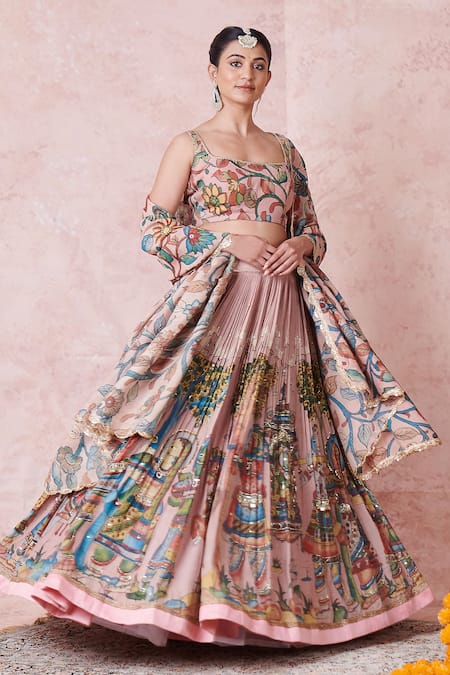 Buy_Aamra By Lavanya_Pink Silk Embroidery Round Neck Sandrose-pink Hand Lehenga Set _Online_at_Aza_Fashions