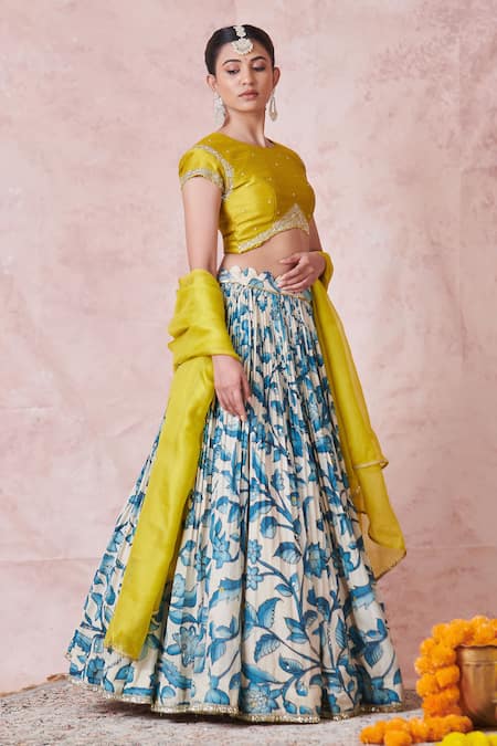 Shop Aamra By Lavanya Ivory Silk Embroidery Round Neck Hand Lehenga Set Shop_Aamra By Lavanya_Ivory Silk Embroidery Round Neck Hand Lehenga Set