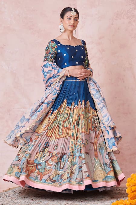Aamra By Lavanya Multi Color Silk Embroidery Round Neck Indigo Blue Hand Lehenga Set