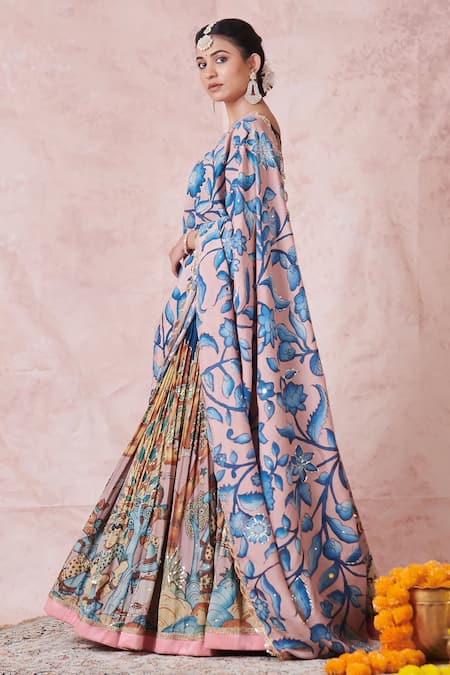 Aamra By Lavanya_Multi Color Silk Embroidery Round Neck Indigo Blue Hand Lehenga Set _Online_at_Aza_Fashions