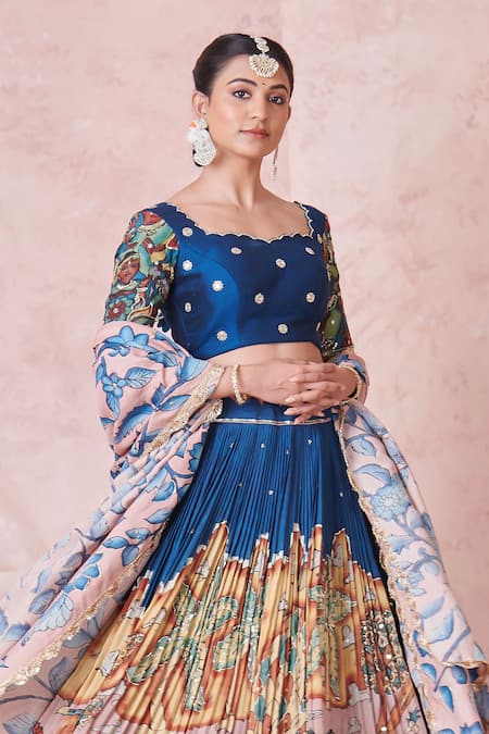 Buy_Aamra By Lavanya_Multi Color Silk Embroidery Round Neck Indigo Blue Hand Lehenga Set _Online_at_Aza_Fashions