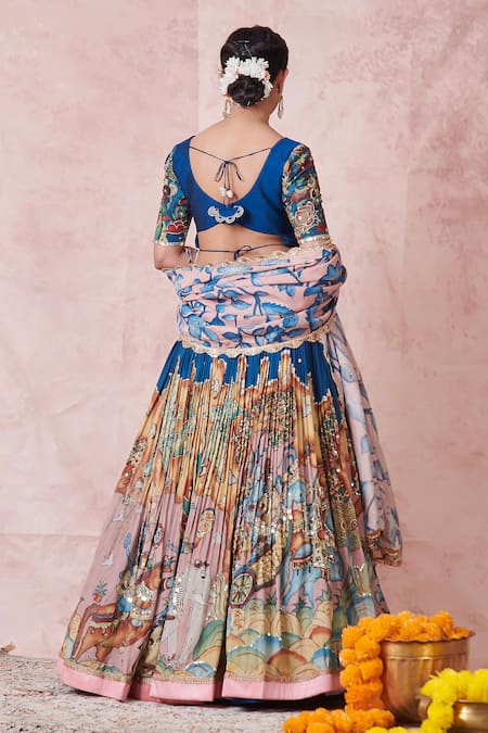 Shop_Aamra By Lavanya_Multi Color Silk Embroidery Round Neck Indigo Blue Hand Lehenga Set _Online_at_Aza_Fashions