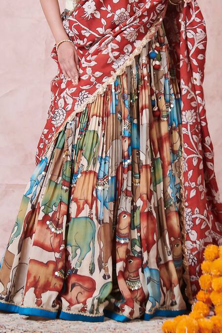 Aamra By Lavanya_Multi Color Silk Embroidery Square Neck Ivory Blue Maroon Hand Lehenga Set _Online_at_Aza_Fashions