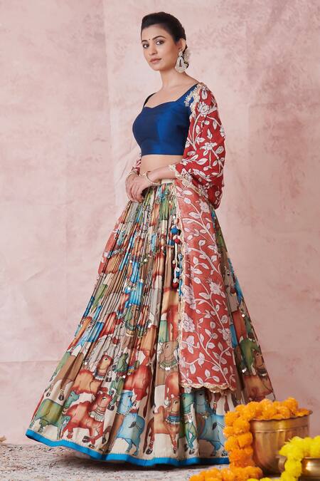 Shop_Aamra By Lavanya_Multi Color Silk Embroidery Square Neck Ivory Blue Maroon Hand Lehenga Set _Online_at_Aza_Fashions