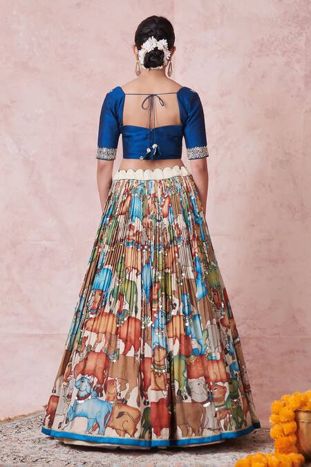 Aamra By Lavanya_Multi Color Silk Embroidery Square Neck Ivory Blue Maroon Hand Lehenga Set _at_Aza_Fashions