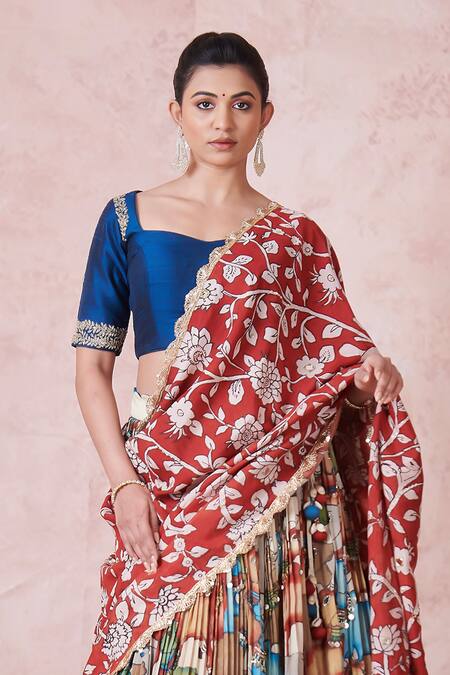 Buy_Aamra By Lavanya_Multi Color Silk Embroidery Square Neck Ivory Blue Maroon Hand Lehenga Set 