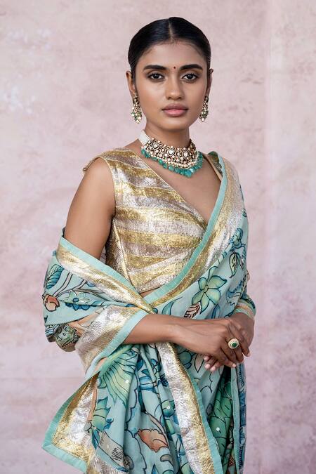 Aamra By Lavanya_Blue Silk, Lampi Embroidery Round Neck Ice-blue Hand Saree Set _Online_at_Aza_Fashions