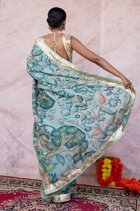 Aamra By Lavanya Ice-Blue Hand Embroidered Saree Set 