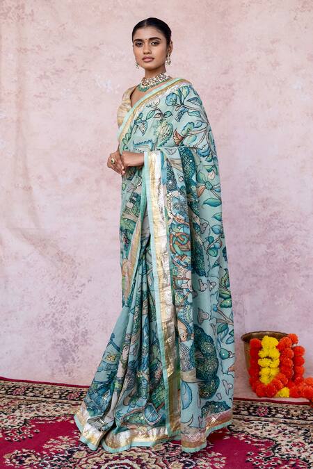 Shop_Aamra By Lavanya_Blue Silk, Lampi Embroidery Round Neck Ice-blue Hand Saree Set _Online_at_Aza_Fashions