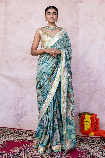 Aamra By Lavanya_Blue Silk, Lampi Embroidery Round Neck Ice-blue Hand Saree Set _at_Aza_Fashions