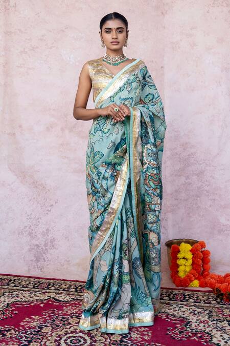 Buy_Aamra By Lavanya_Blue Silk, Lampi Embroidery Round Neck Ice-blue Hand Saree Set 