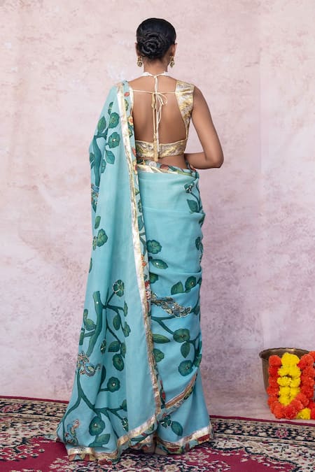 Aamra By Lavanya Aqua-Blue Hand Embroidered Saree Set 