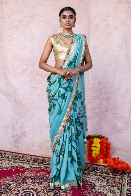 Buy Aamra By Lavanya Aqua Silk, Lampi Embroidery V-neck Aqua-blue Hand Saree Set Online at Aza Fashions Buy_Aamra By Lavanya_Aqua Silk, Lampi Embroidery V-neck Aqua-blue Hand Saree Set _Online_at_Aza_Fashions