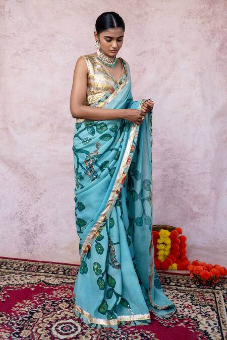 Shop Aamra By Lavanya Aqua Silk, Lampi Embroidery V-neck Aqua-blue Hand Saree Set Online at Aza Fashions Shop_Aamra By Lavanya_Aqua Silk, Lampi Embroidery V-neck Aqua-blue Hand Saree Set _Online_at_Aza_Fashions
