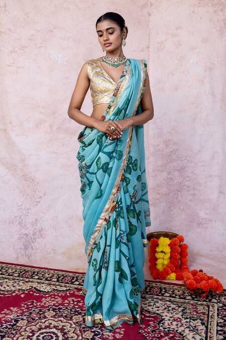 Shop Aamra By Lavanya Aqua Silk, Lampi Embroidery V-neck Aqua-blue Hand Saree Set Shop_Aamra By Lavanya_Aqua Silk, Lampi Embroidery V-neck Aqua-blue Hand Saree Set