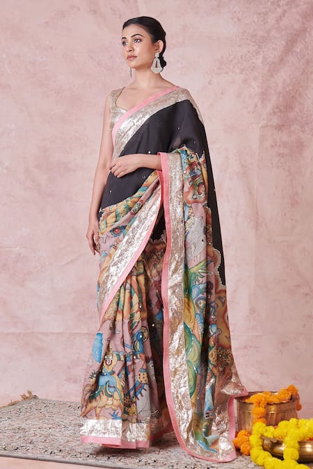 Buy_Aamra By Lavanya_Pink Silk, Lampi Embroidery Round Neck Noir Hand Saree Set _Online_at_Aza_Fashions