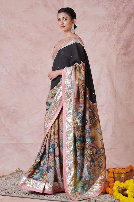 Shop_Aamra By Lavanya_Pink Silk, Lampi Embroidery Round Neck Noir Hand Saree Set _Online_at_Aza_Fashions
