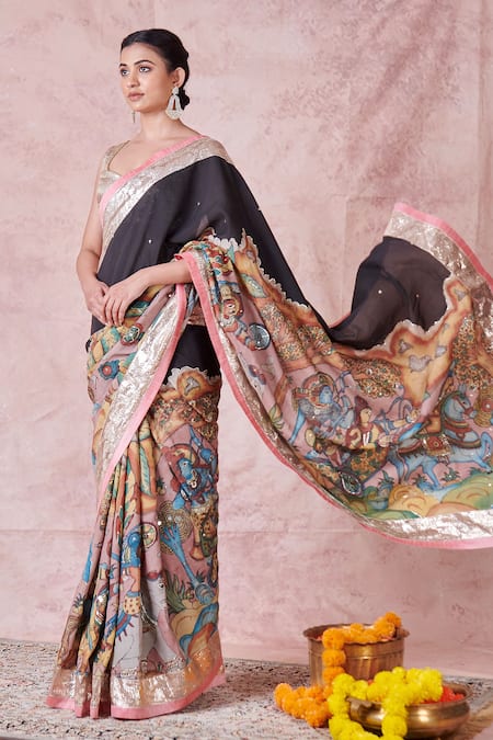 Aamra By Lavanya_Pink Silk, Lampi Embroidery Round Neck Noir Hand Saree Set _at_Aza_Fashions