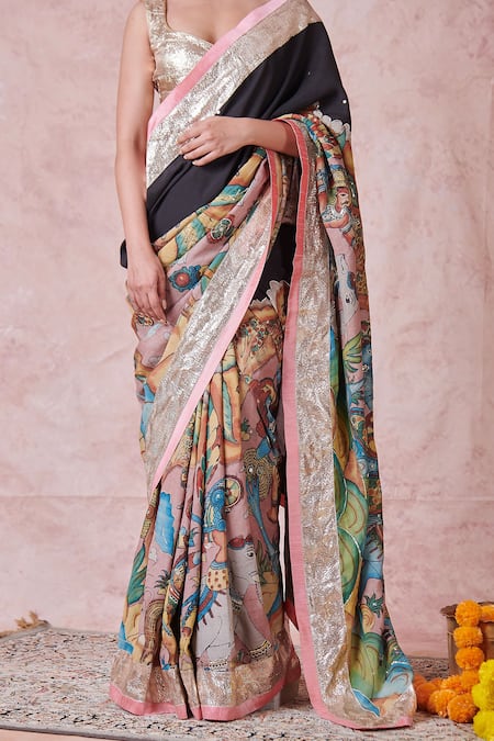 Buy_Aamra By Lavanya_Pink Silk, Lampi Embroidery Round Neck Noir Hand Saree Set 